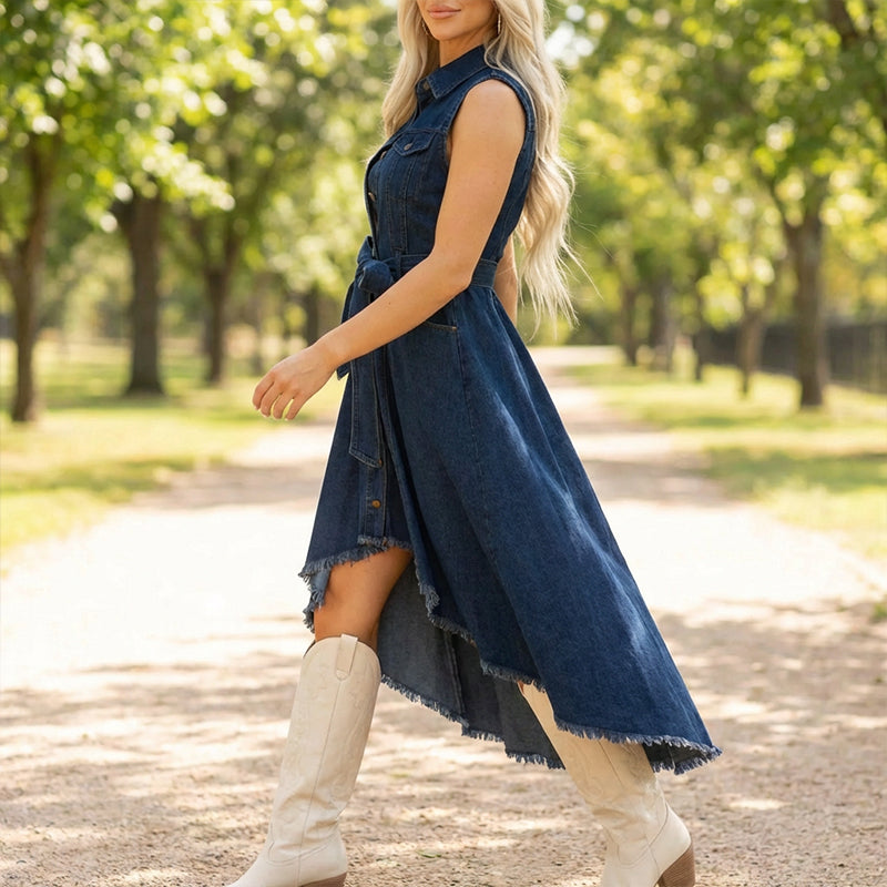 Αμάνικο denim φόρεμα με ασύμμετρο τελείωμα