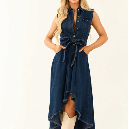 Αμάνικο denim φόρεμα με ασύμμετρο τελείωμα