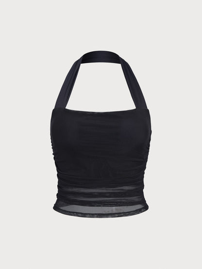 Auréline Halter Crop Top με Σούρες & Mesh (Διαφάνεια)