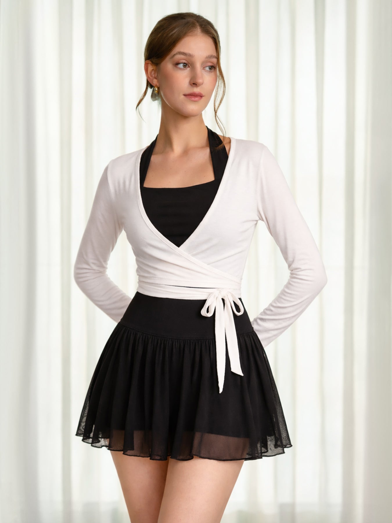 Auréline Halter Crop Top με Σούρες & Mesh (Διαφάνεια)