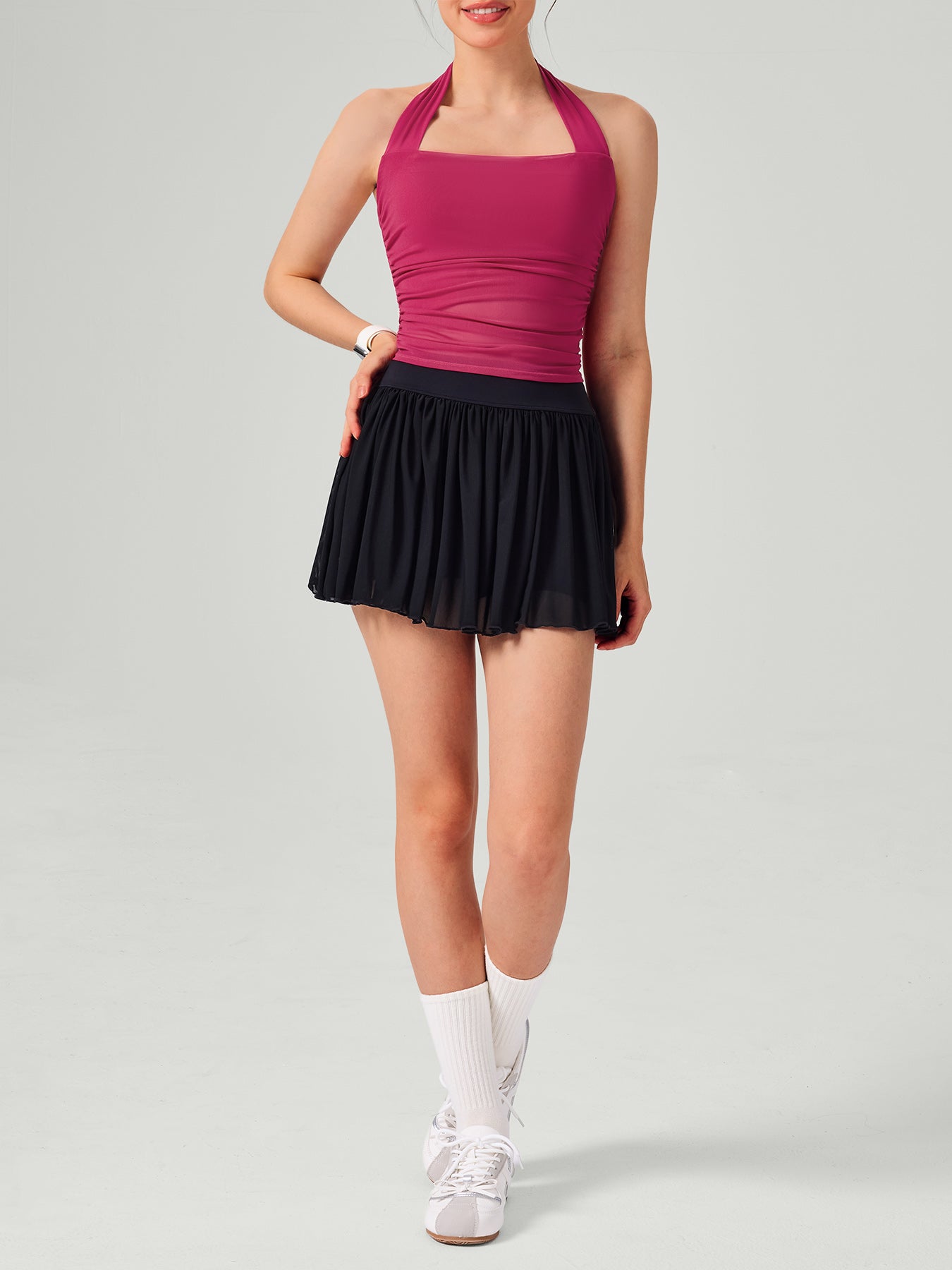 Auréline Halter Crop Top με Σούρες & Mesh (Διαφάνεια)