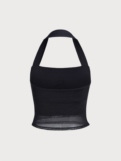 Auréline Halter Crop Top με Σούρες & Mesh (Διαφάνεια)