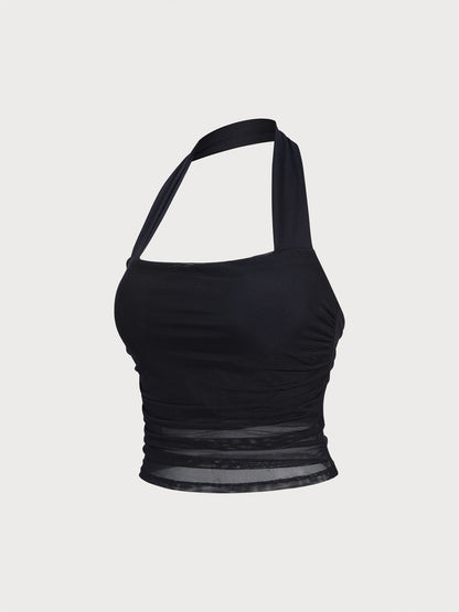Auréline Halter Crop Top με Σούρες & Mesh (Διαφάνεια)